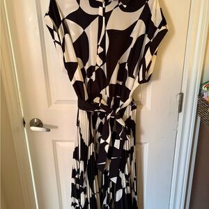 Black & White Abstract Print Maxi Dress with Tie Waist